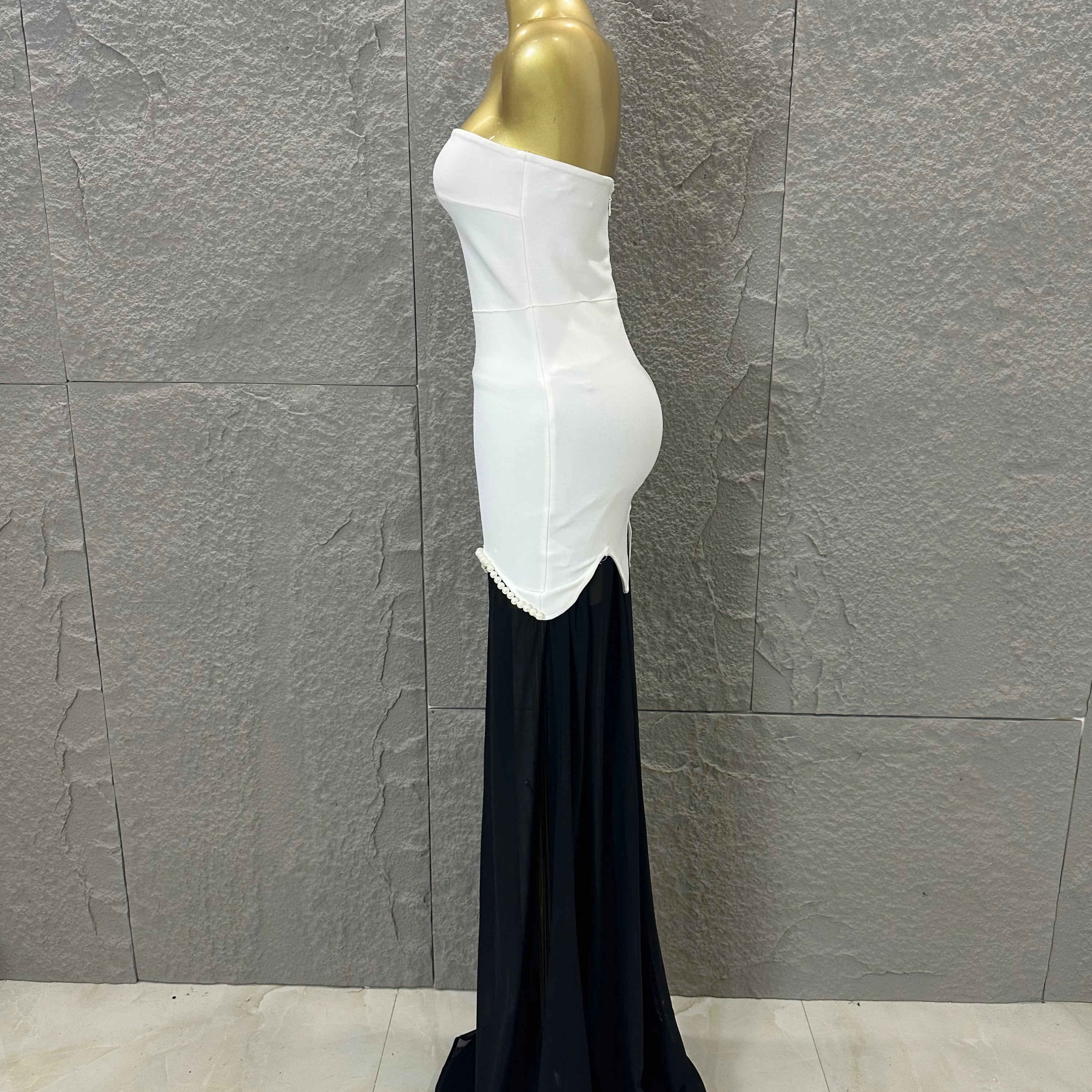 Sexy Black White Maxi Dress Women Sexy Strapless Pearl Embellished Sheer Tulle Bodycon Outfit Formal Event Evening Party Costume