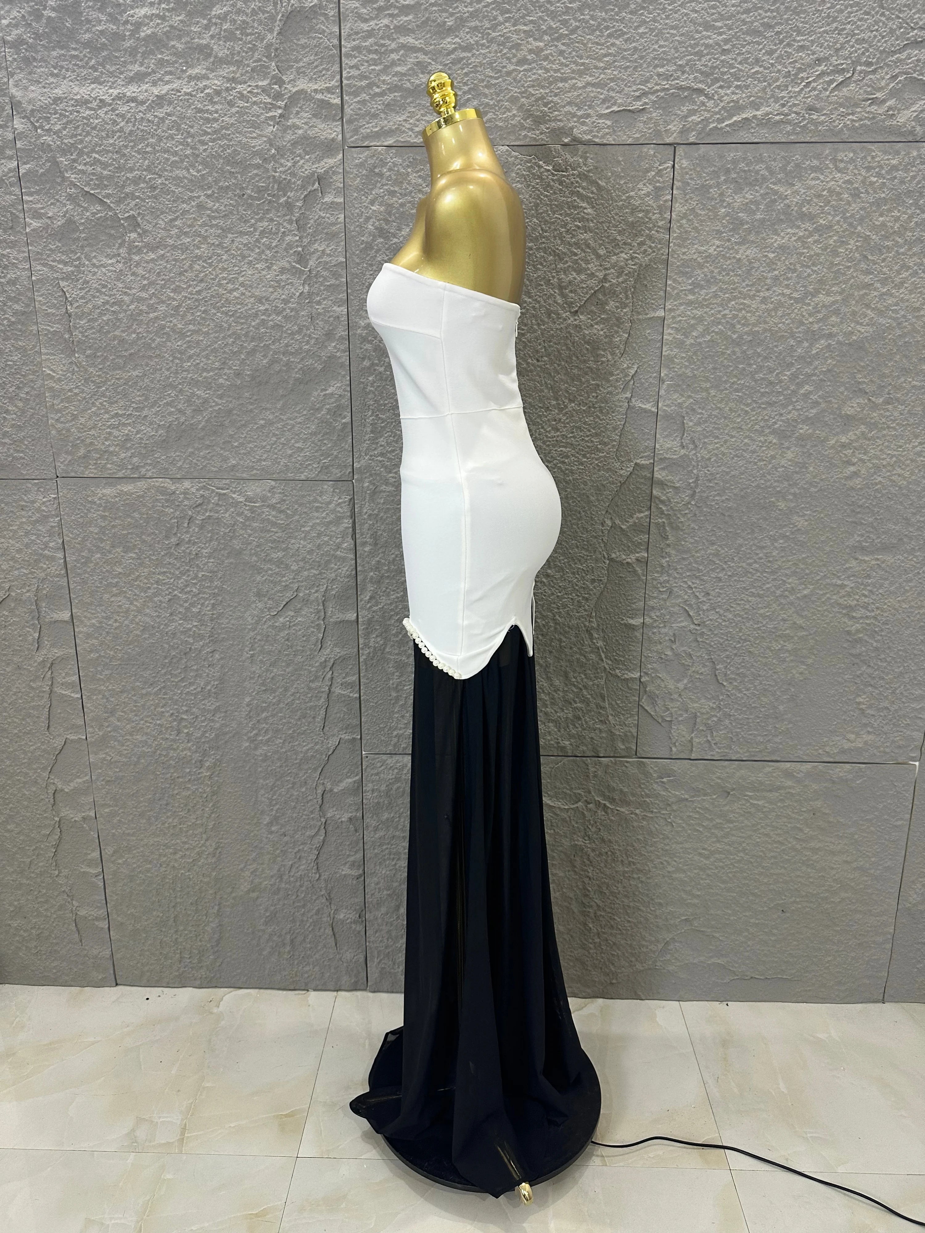 Sexy Black White Maxi Dress Women Sexy Strapless Pearl Embellished Sheer Tulle Bodycon Outfit Formal Event Evening Party Costume