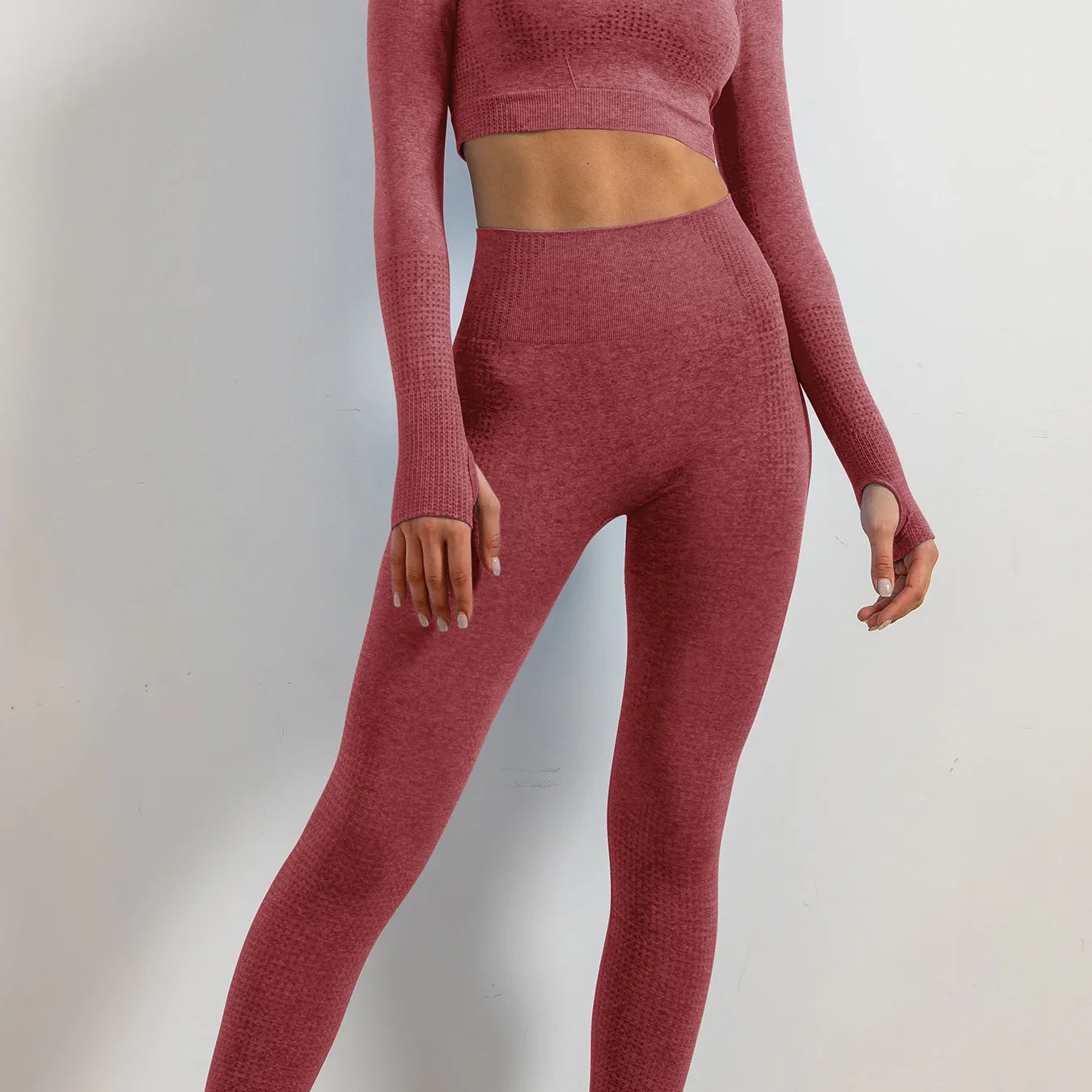 Set of 2 Women's Seamless Yoga Suit with Thumb Holes Long Sleeve Tops Gym Wear Fitness Workout Yoga Wear Leggings Long Pants Red