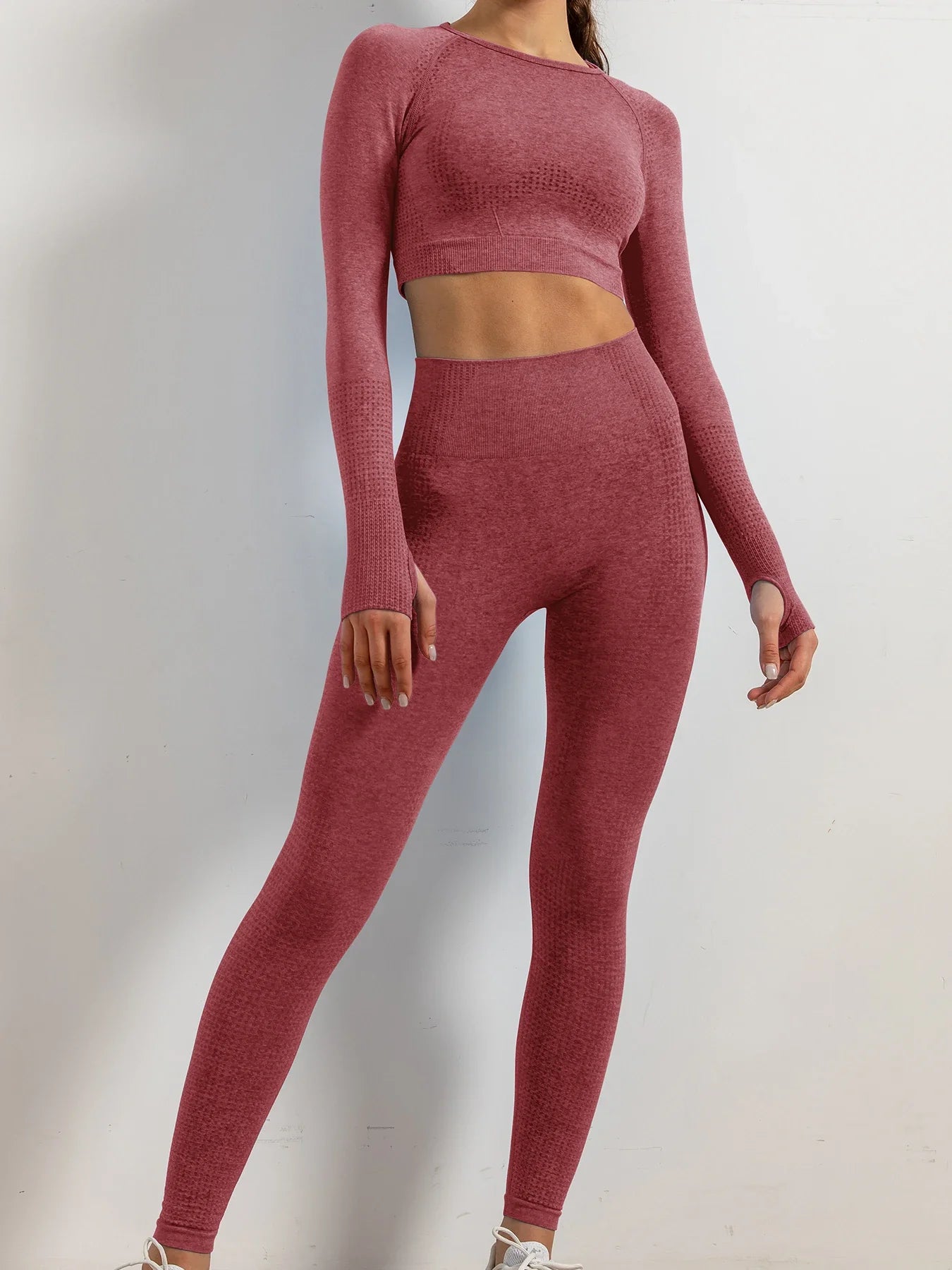 Set of 2 Women's Seamless Yoga Suit with Thumb Holes Long Sleeve Tops Gym Wear Fitness Workout Yoga Wear Leggings Long Pants Red