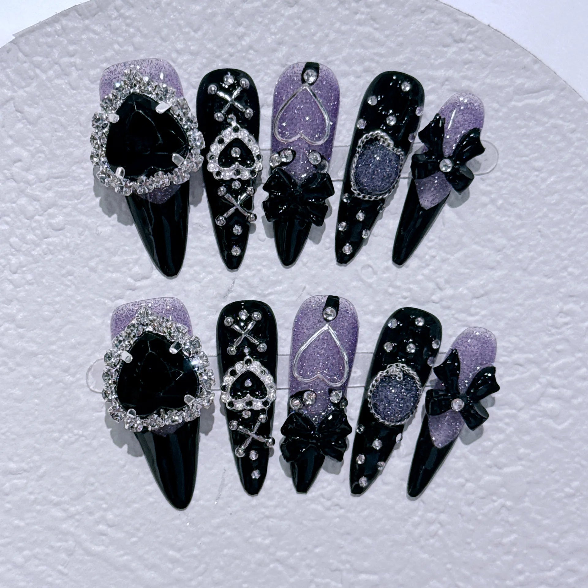 10Pcs False Nails with Rhinestone Cat Eye Press on Nails with Tool Glitter French Fake Nails Handmade Almond Full Cover Nail Art