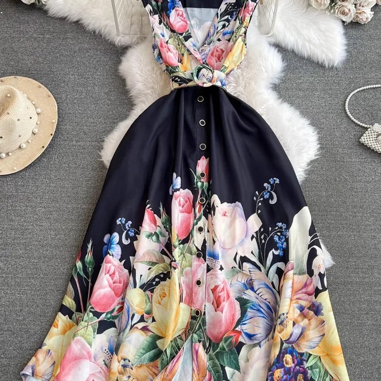 2024 Summer Holiday Beach Dress Women's Notched Collar Sleeveless Single Breasted Floral Print Belt Long Boho Party Vestido 6389 black