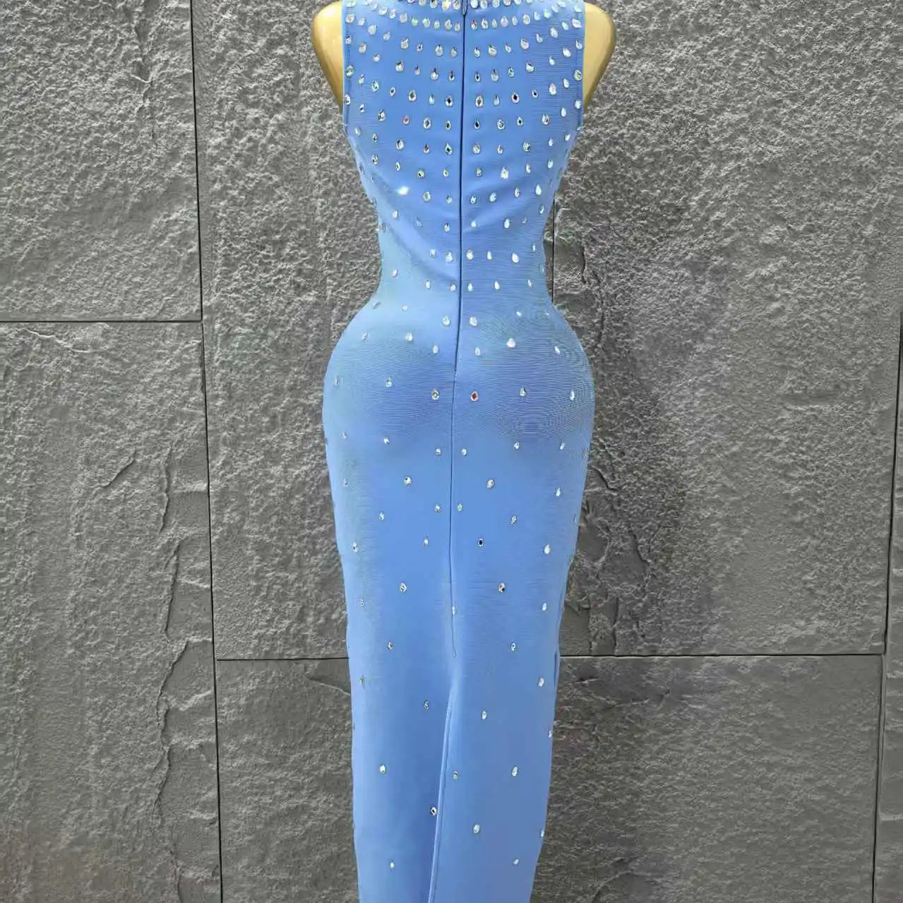 Skyblue Color Women Sleeveless O-Neck Shinning Crystal Bodycon Long Bandage Dress Celebrate Evening Party Birthday Outfit