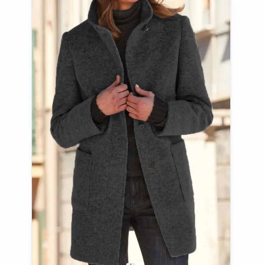 Vintage Women Overcoat Solid Button Stand Collar Woolen Coat Female Autumn Winter Fashion Long Casual Thick Ladies Jacket Dark Grey