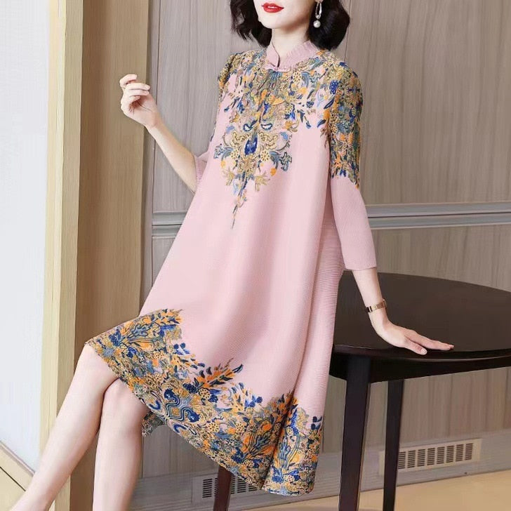 Summer Autumn Overesized Stand Collar Temperament Floral Printing Dress Ladies Elegant Fashion Loose Dresses Robe Femme Vestido Pink