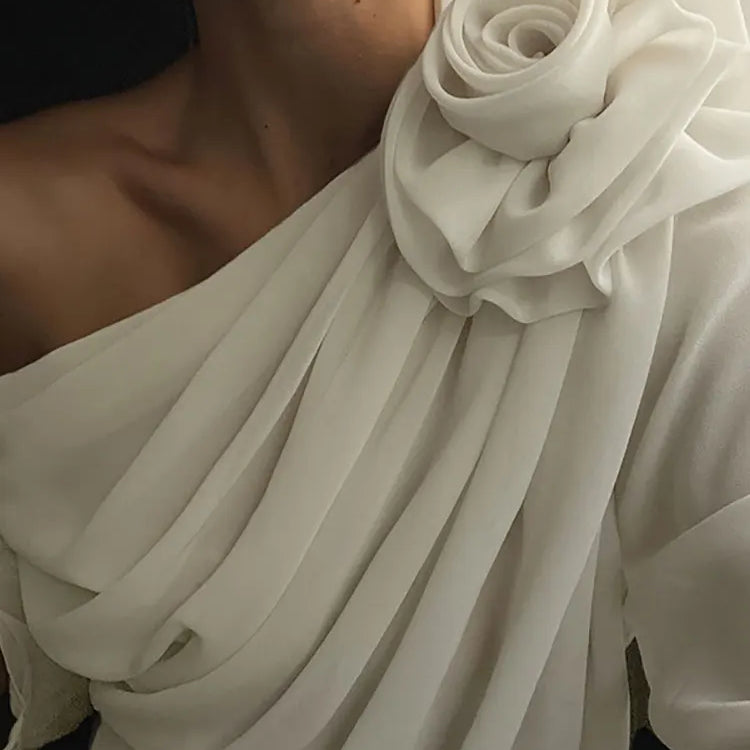 GACVGA Skew Collar Floral Mesh Chiffon Blouses Tops Tshirt Elegant T Shirt Fashion Crop Top See Through Women's Blouses & Shirts