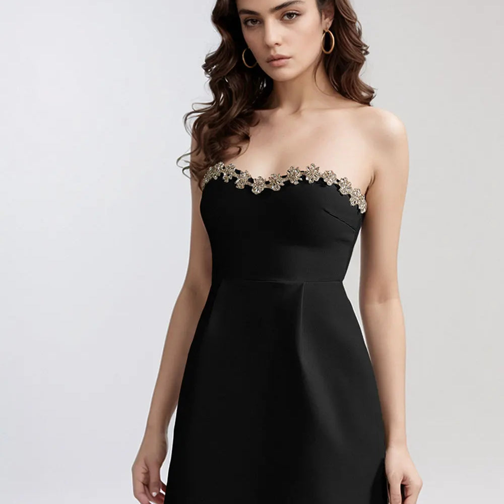 2025 Sexy Women Three-Dimensional Rhinestone Design Dress Strapless Sleeveless A-Line Backless Mini Dress Cocktail Party Vestido black