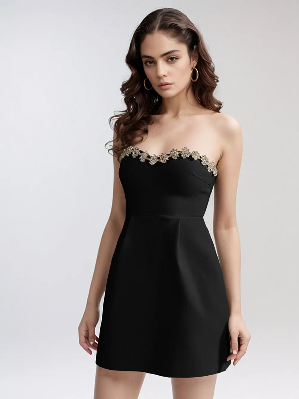 2025 Sexy Women Three-Dimensional Rhinestone Design Dress Strapless Sleeveless A-Line Backless Mini Dress Cocktail Party Vestido black