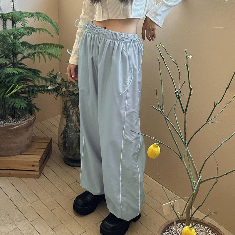 Women Spring Retro Solid Loose Drawstring Trousers Casual Joggers Baggy Wide Leg Sweatpants Mid Waist Sporty Y2k Female Clothes blue