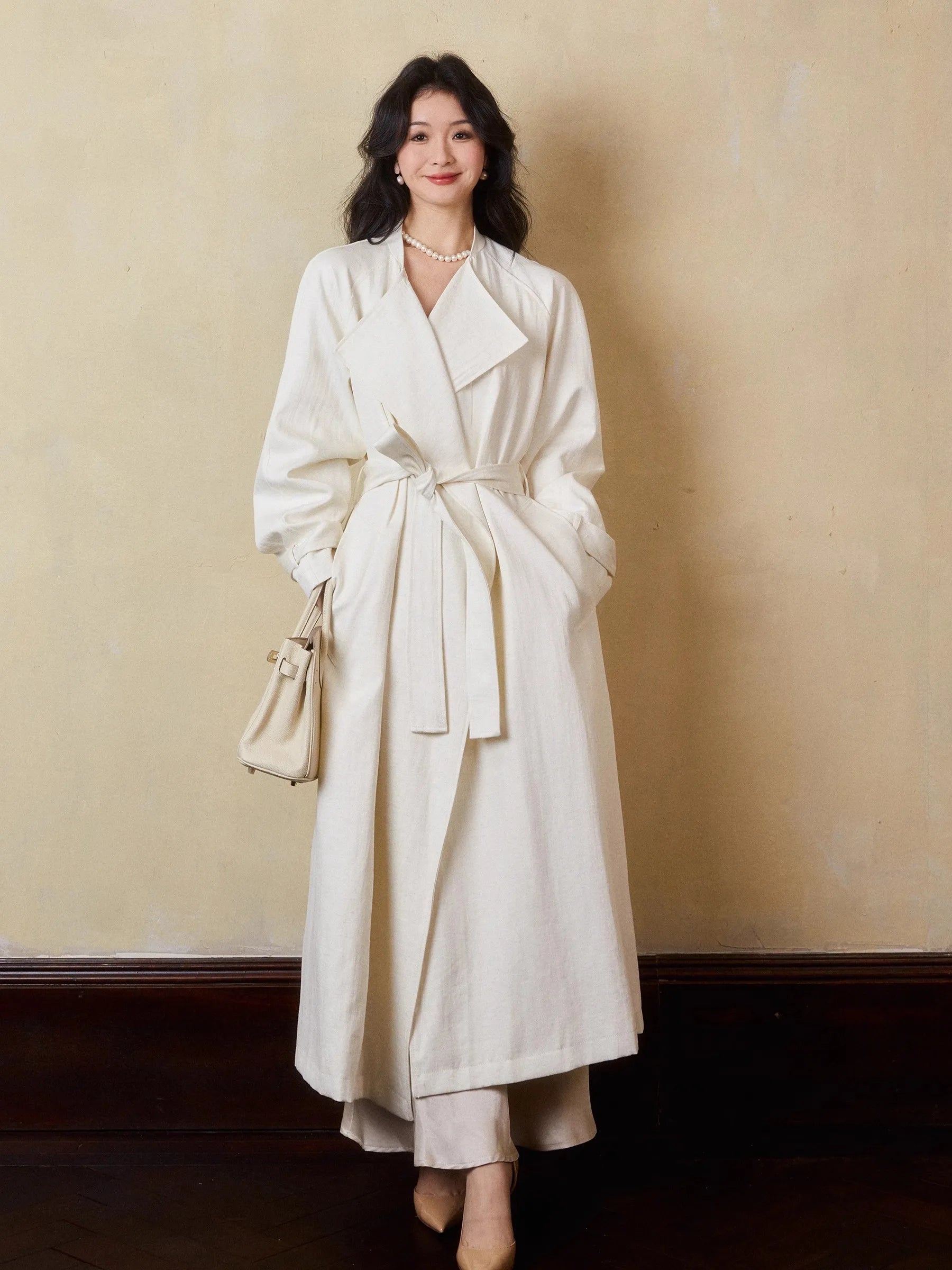 Lautaro Spring Autumn Oversized Long Linen Trench Coat for Women Sashes Loose Casual Flowy Korean Fashion Clothes Overcoat 2025