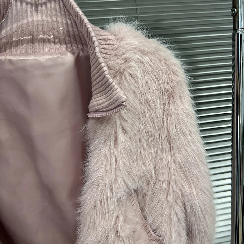 Autumn Winter New Fashion Versatile Stand Collar Faux Fur Short Jacket For Women Sweet High Waist Coat Female 11A07634