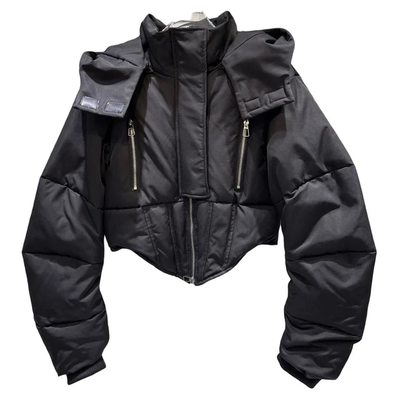 Winter New Fashion Zipper Fishbone Waist-Cinching Warm Hooded Jacket For Women High Street Cotton-padded Coat 11A07495