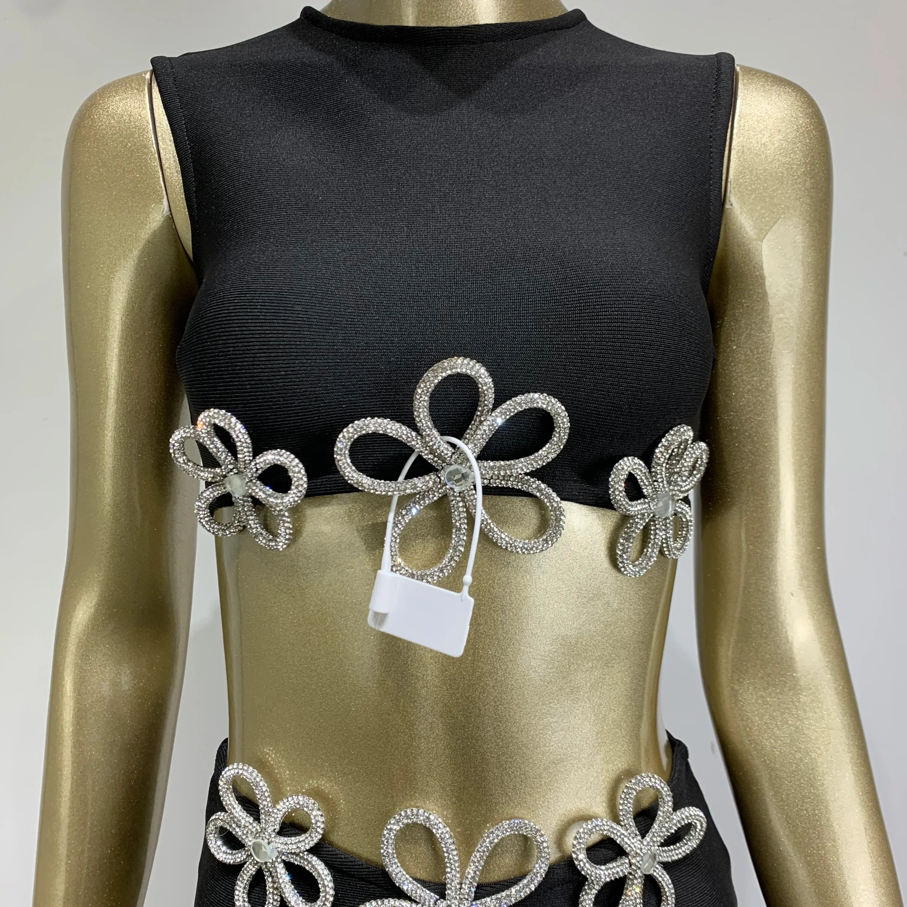 Women Summer Celebrity Sexy Sleeveless Diamonds Black Mini Bandage Skirt Set Knitted Elegant Evening Club Party Dress