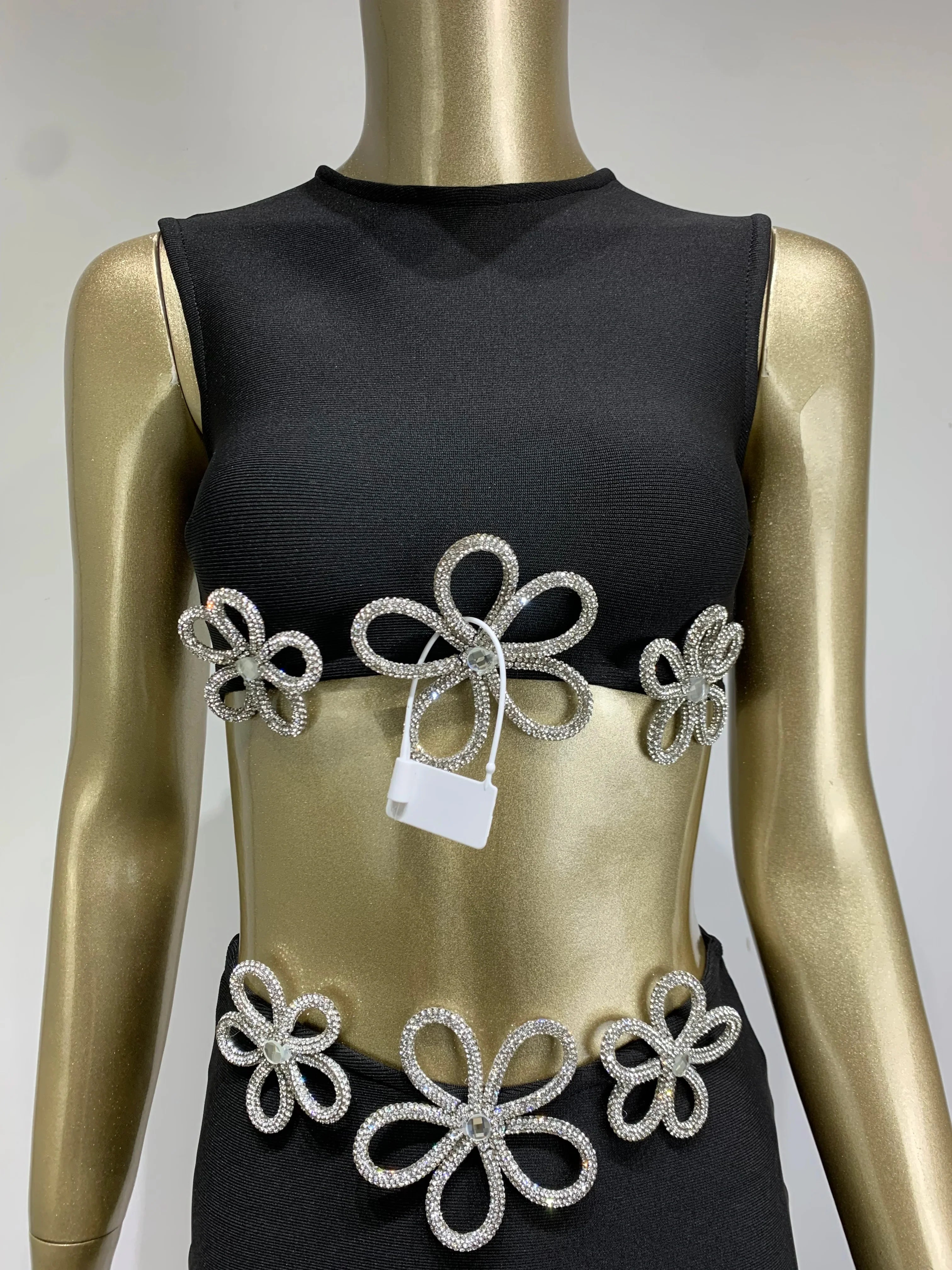 Women Summer Celebrity Sexy Sleeveless Diamonds Black Mini Bandage Skirt Set Knitted Elegant Evening Club Party Dress