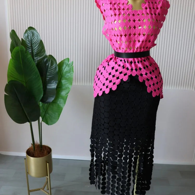 CM.YAYA Women Cutout O-neck Crop Top and Bodycon Midi Slim Maxi Long Skirt Suit 2025 Summer Vacation Sexy Two 2Piece Set Outfits