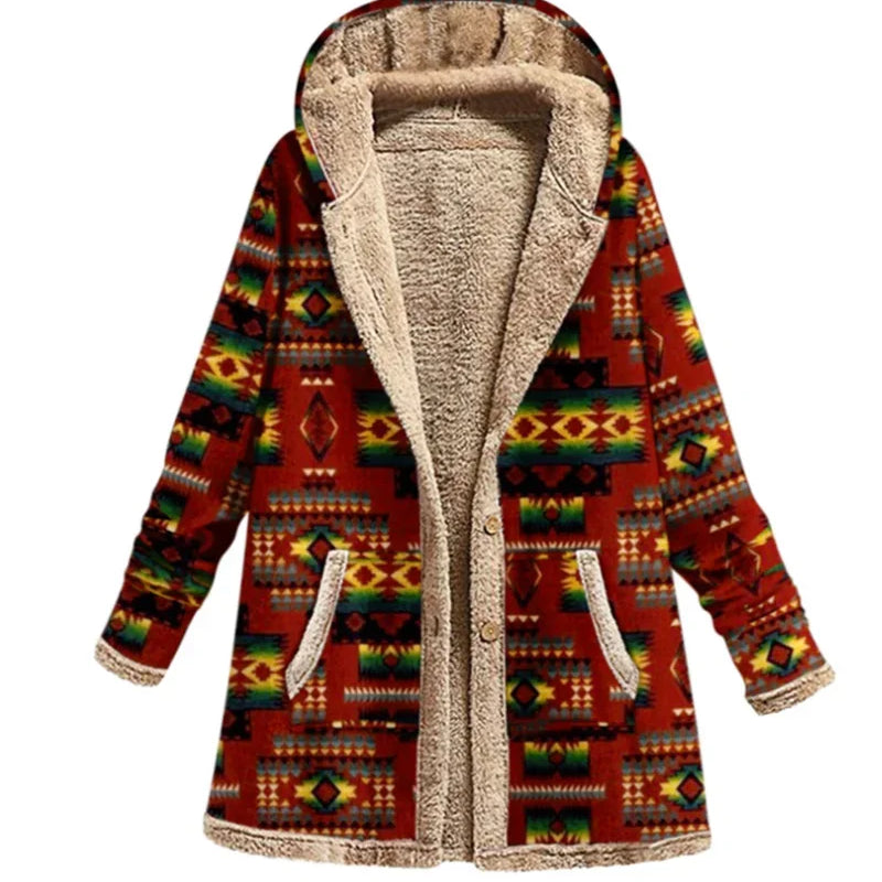Print Casual Women Coat Vintage Hooded Overcoat Female Fashion Warm Long Sleeve Coats Ladies Plush Jacket Autumn Winter