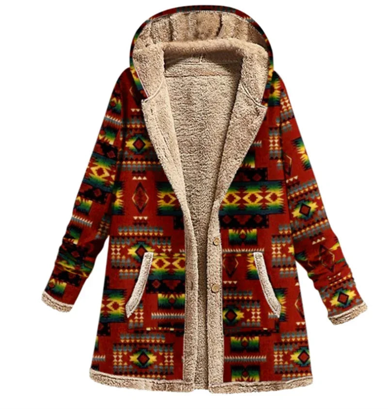 Print Casual Women Coat Vintage Hooded Overcoat Female Fashion Warm Long Sleeve Coats Ladies Plush Jacket Autumn Winter