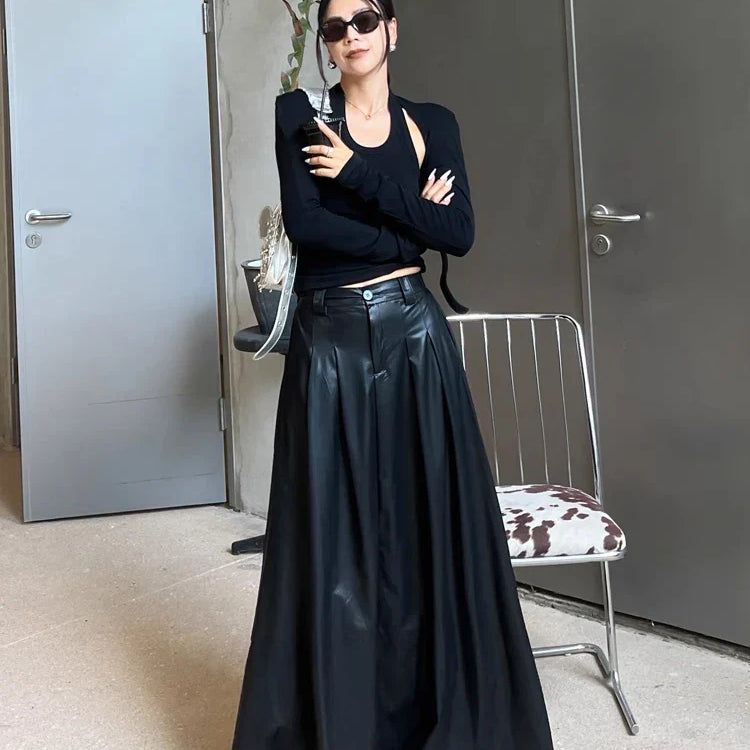 Spring Autumn Luxury Long Pleated Black Soft Pu Leather Maxi Skirt Women High Elastic Waist Korean Style Clothes 2023