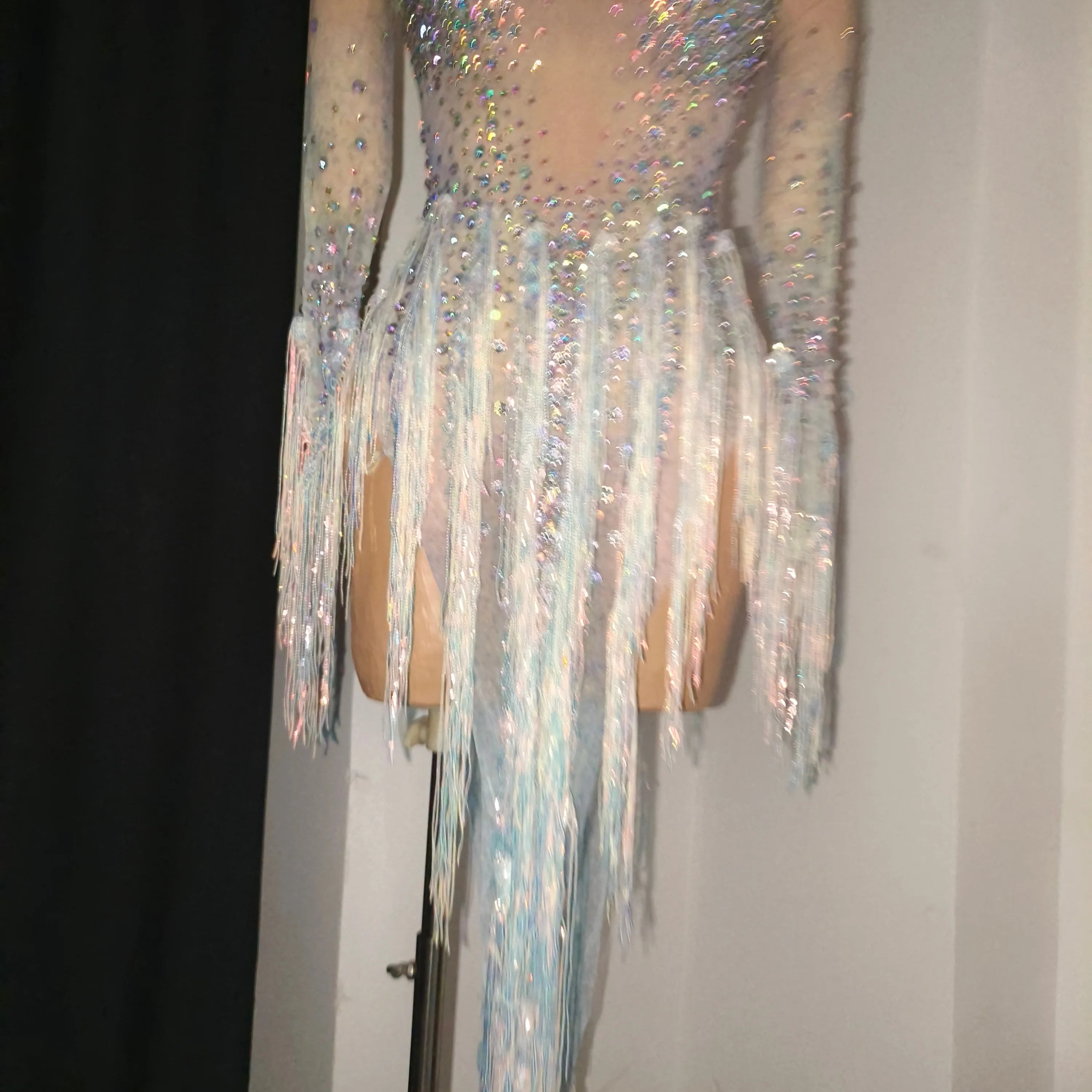 Luxurious Nude Long Sleeve Dress Women Sheer Mesh Iridescent Rhinestone Fringe Embellished Latin Dance Performance Costume