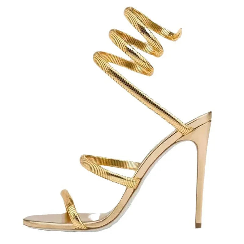 Eilyken Summer Street Style Ankle Strap Open Toe Narrow Band Women Sandals Thin High Heels Stripper Sexy Banquet Shoes Gold