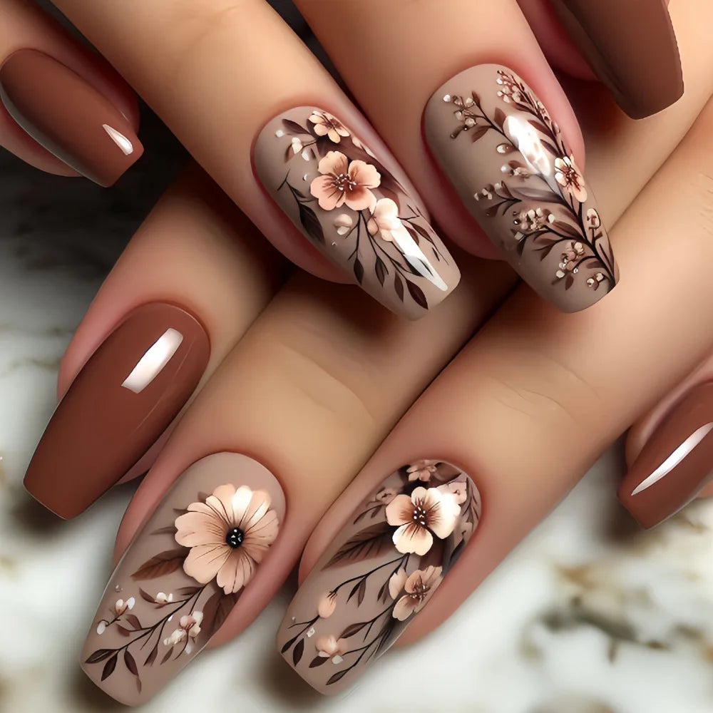 24pcs/set short medium long fake nails for Spring summer season gradient peach flowers butterfly heart press on false nail art 1849