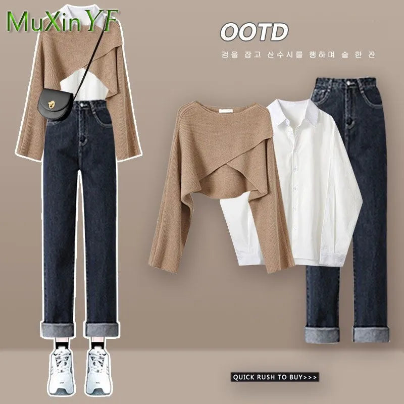 Frauen Herbst Winter Neue Anzug 2023 Mode Stricken Kreuz Pullover + Hemd + Jeans Drei Stück Koreanische Elegante Denim hosen Passenden Set 