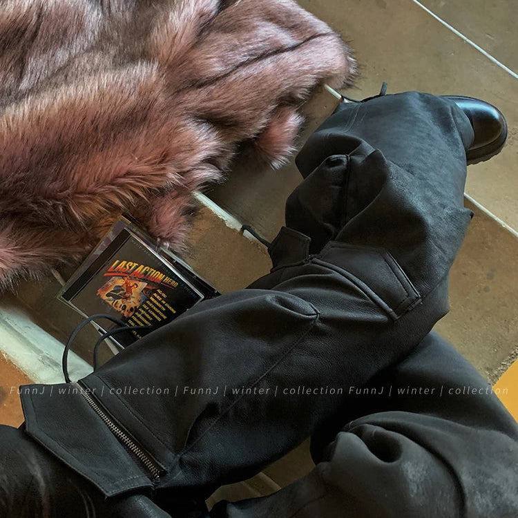 Spring Autumn Cool Handsome Baggy Black Pu Leather Straight Cargo Pants for Women Many Pockets Luxury Designer Clothes