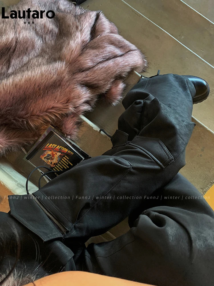 Spring Autumn Cool Handsome Baggy Black Pu Leather Straight Cargo Pants for Women Many Pockets Luxury Designer Clothes