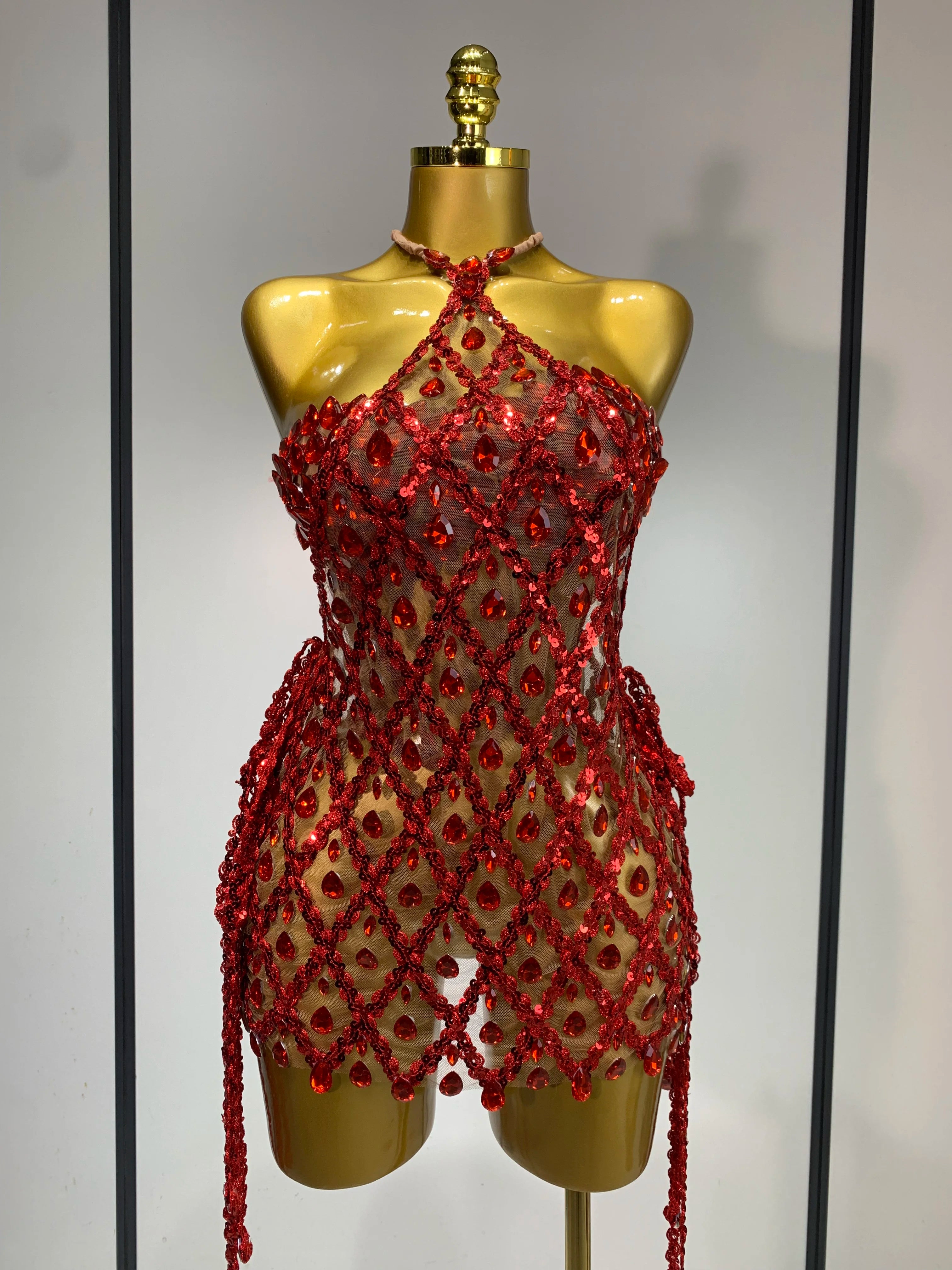 Sparkly Sequin Diamond Mesh Transparent Two Piece Set Women 2025 Sexy Evening Party Celebrate Birthday Photo Shoot Wear Red