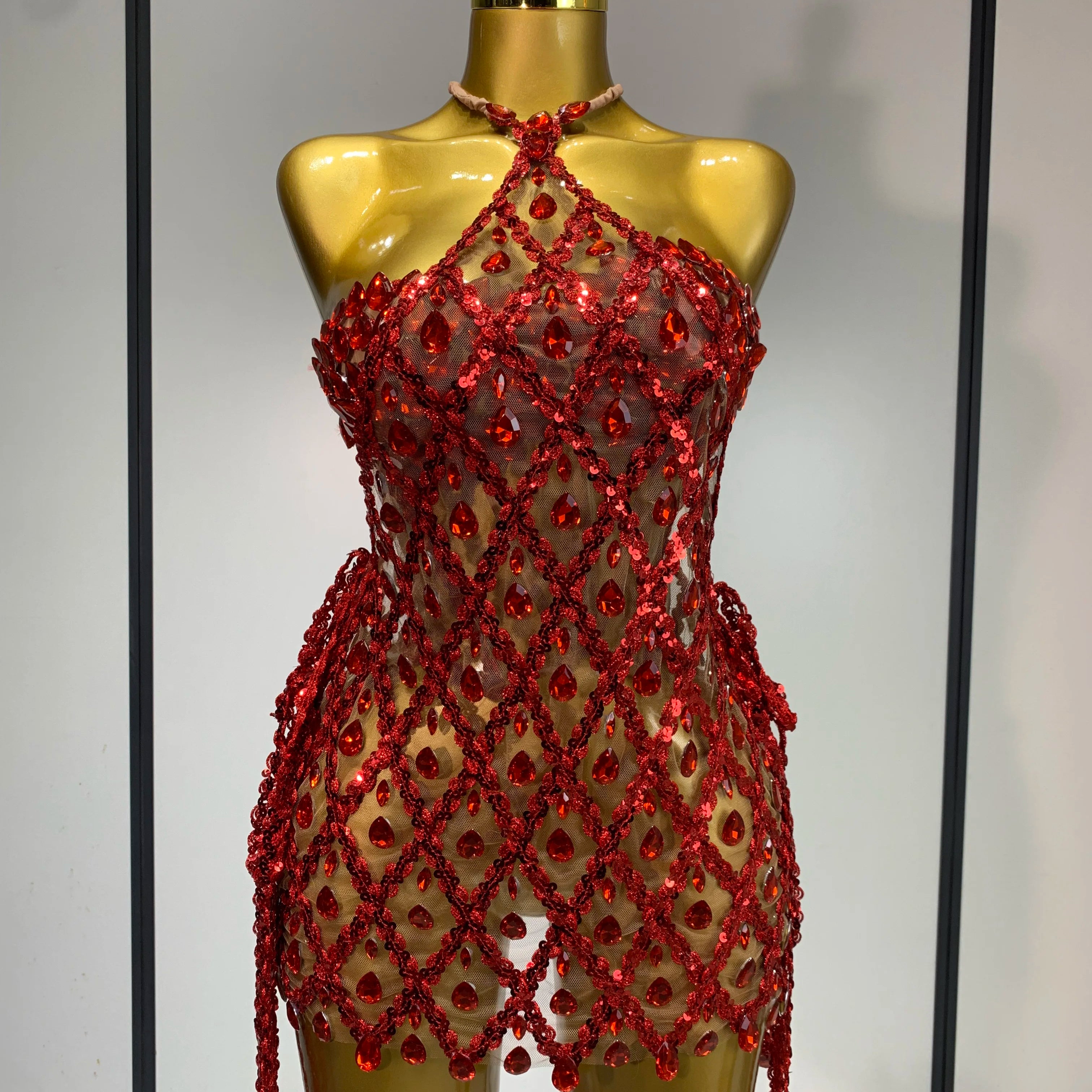 Sparkly Sequin Diamond Mesh Transparent Two Piece Set Women 2025 Sexy Evening Party Celebrate Birthday Photo Shoot Wear Red