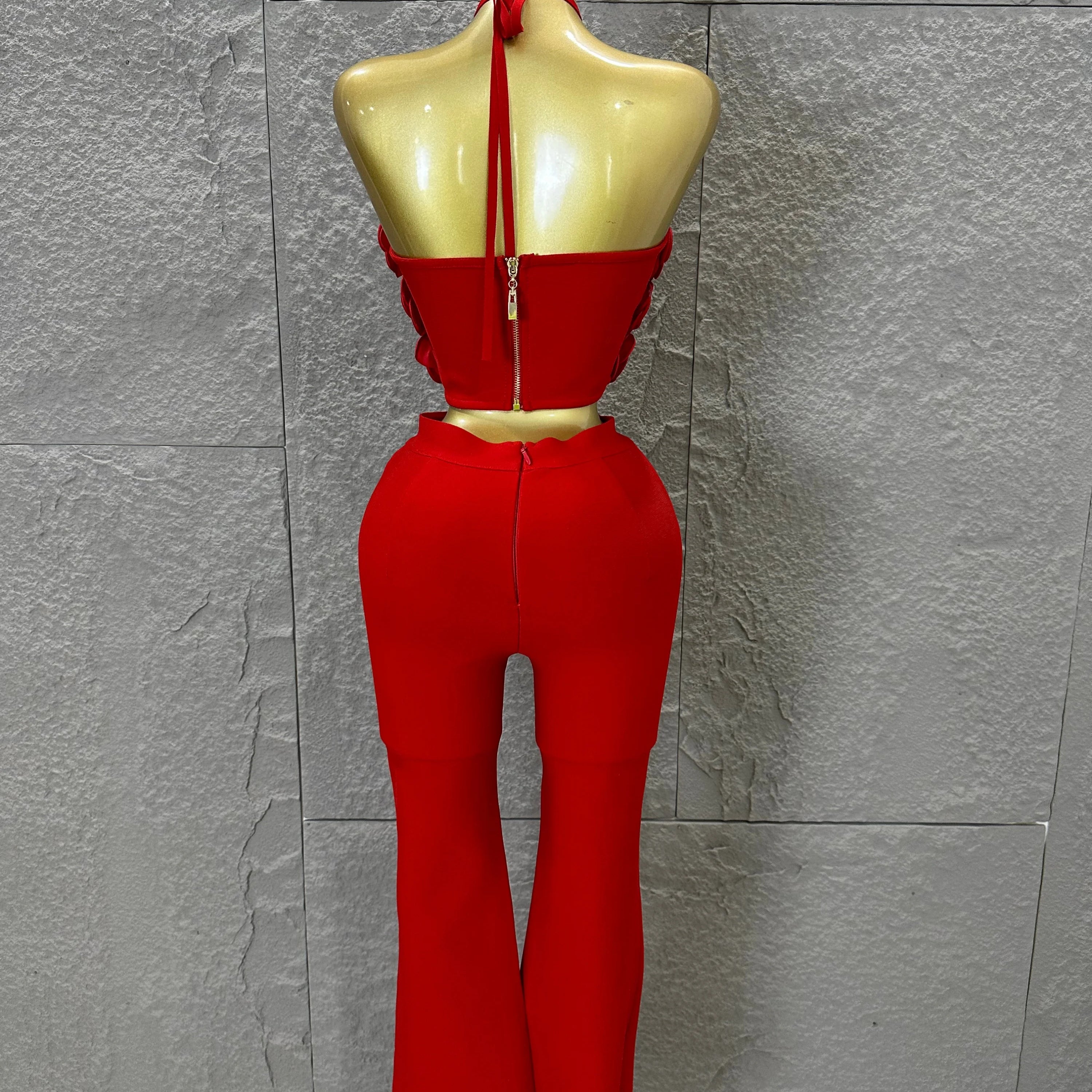 Elegant Two Piece Set Women Halter 3D Flower Crop Top High Waist Flare Pants Bandage Suit Party Casual Formal Wear