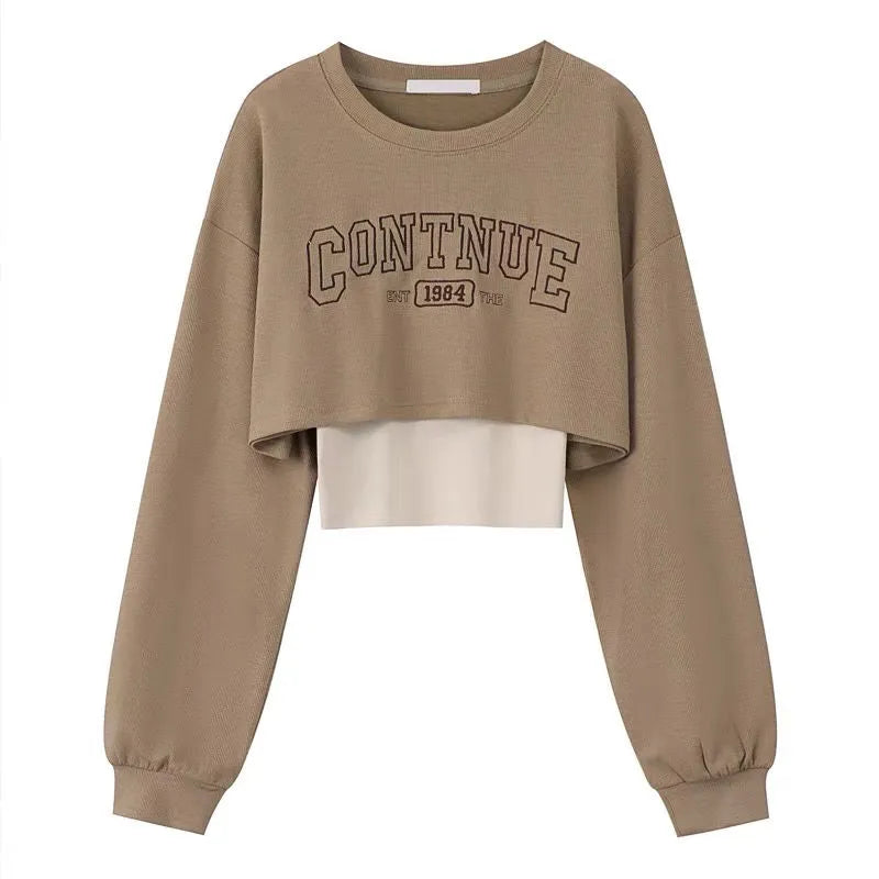 Women's Fashion Tracksuit Korean Elegant Spring Autumn Loose Short Sweater Matching Sets Female Fake Two-piece Blouse Pants Suit Khaki Top