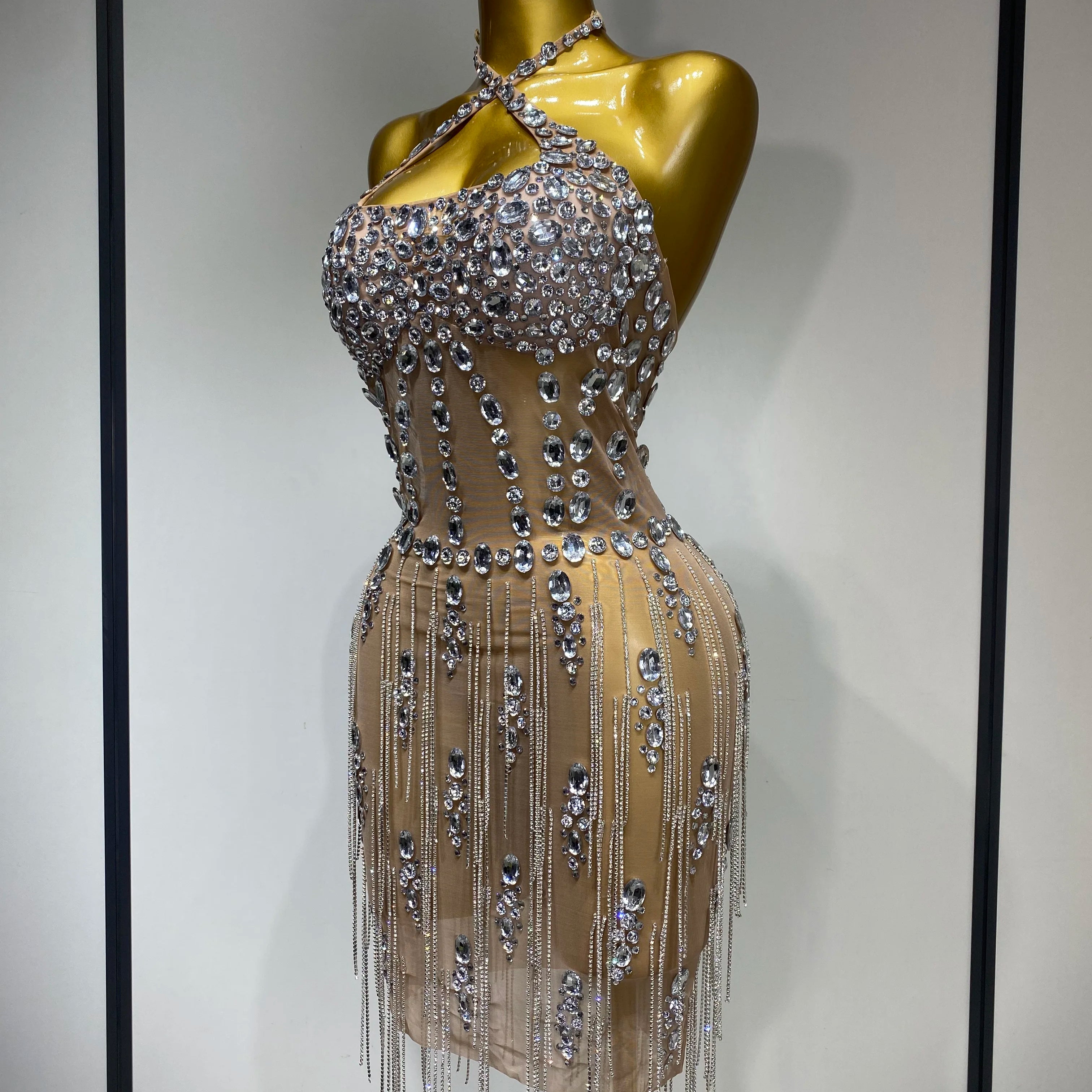 Luxury Rhinestone Evening Party Dress Women Sexy Halter See Through Mesh Luxury Birthday Gowns Nightclub Singer Stage Outfit