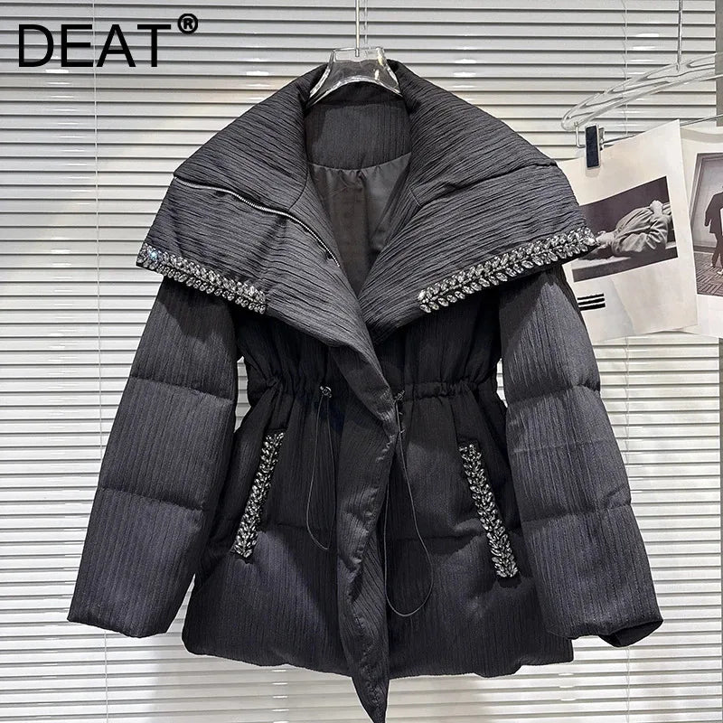 Winter New Heavy Beaded Lapel Drawstring Waist Warm Mid-Length Jacket For Women Loose Cotton-padded Coat 11A07671