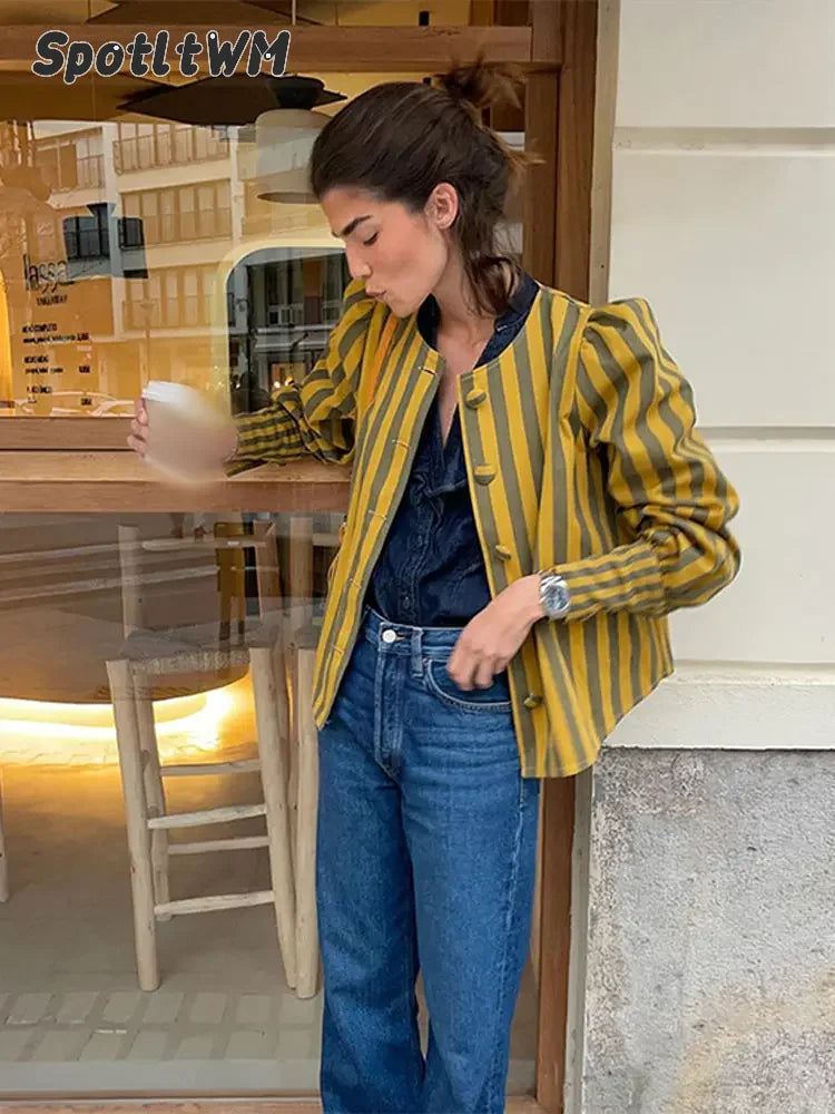 Women Contrasting Stripes Shirt Jacket Elegant Loose O Neck Long Puff Sleeve Thin Coat New Chic Female Artistic Streetwear 2024