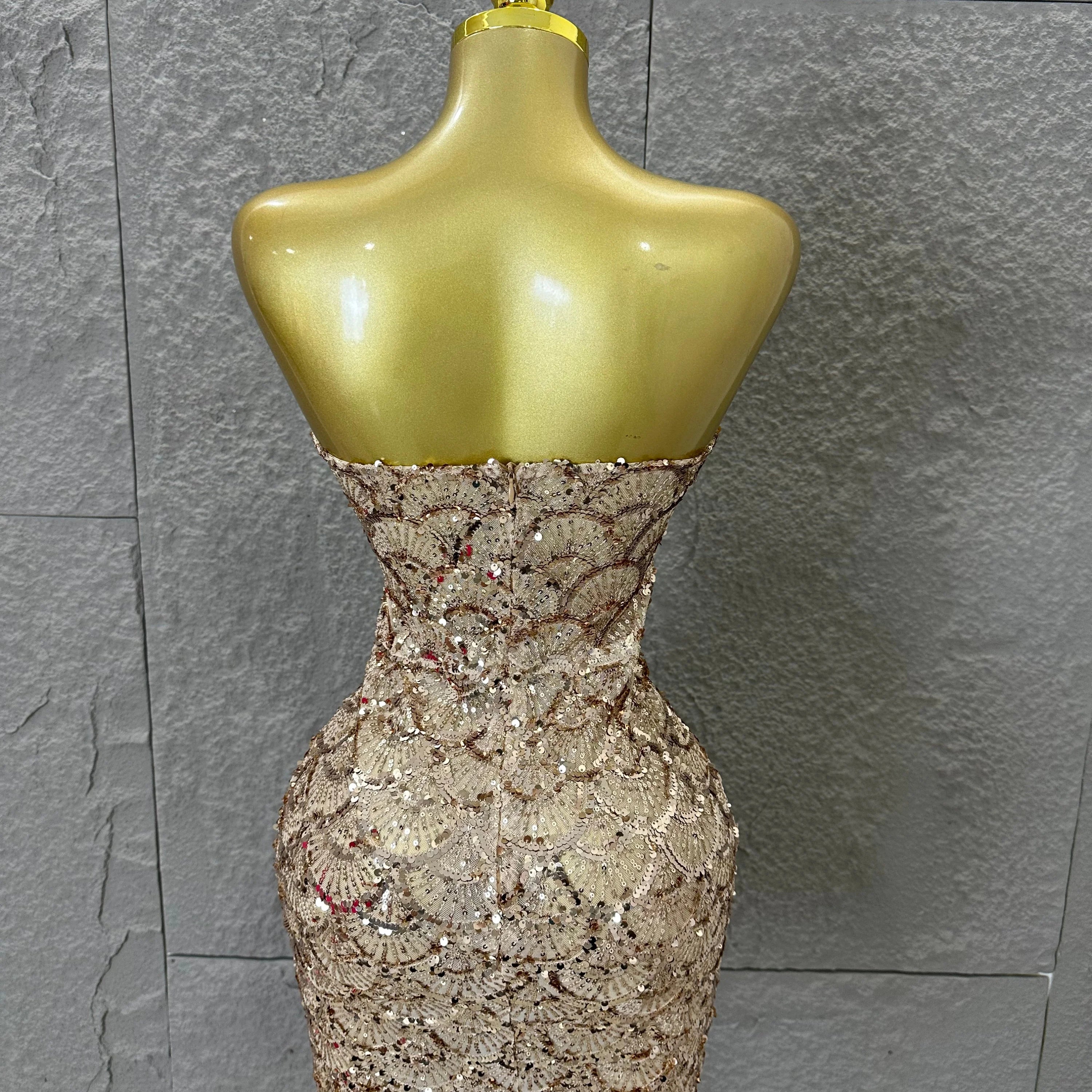 Elegant Silver Champagne Gold Strapless Mini Dress Women Sexy Sequin Form-Fitting Evening Party Nightclub Cocktail Party Costume