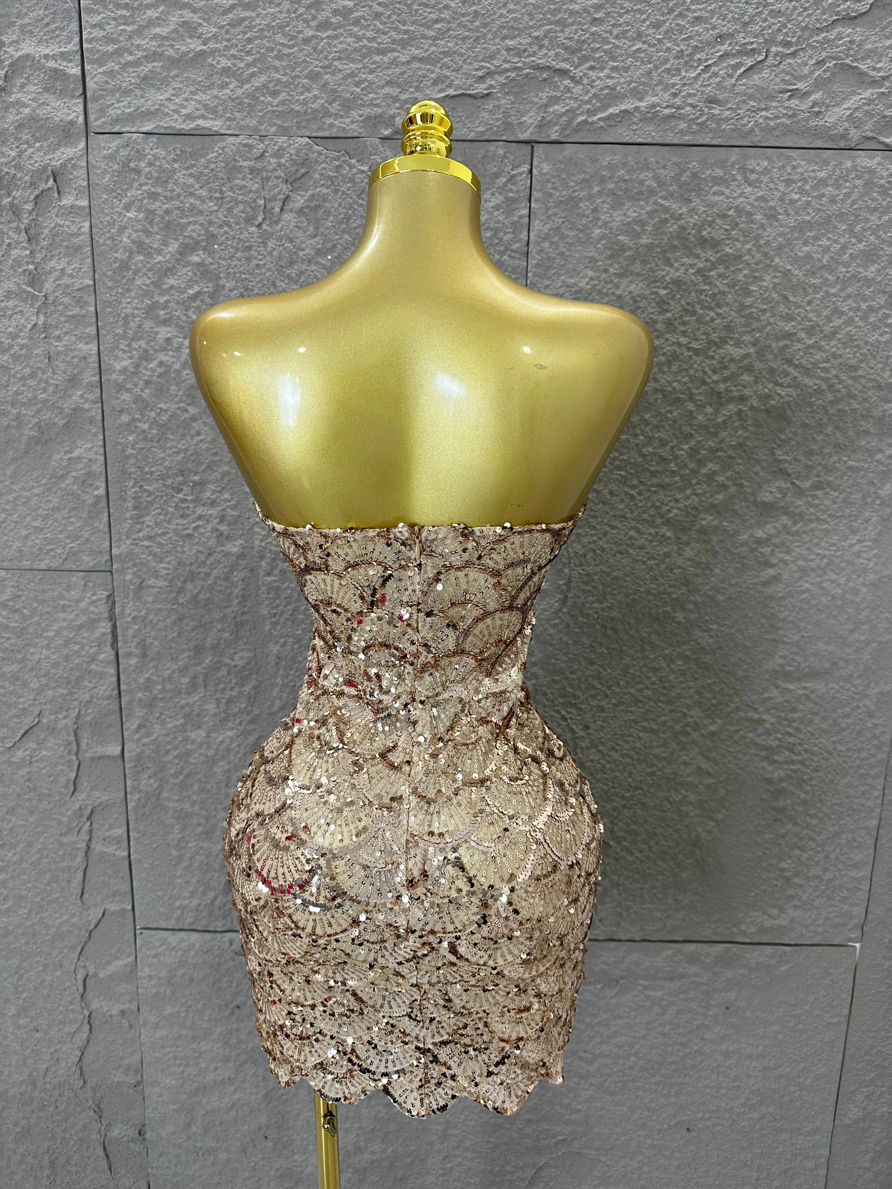 Elegant Silver Champagne Gold Strapless Mini Dress Women Sexy Sequin Form-Fitting Evening Party Nightclub Cocktail Party Costume