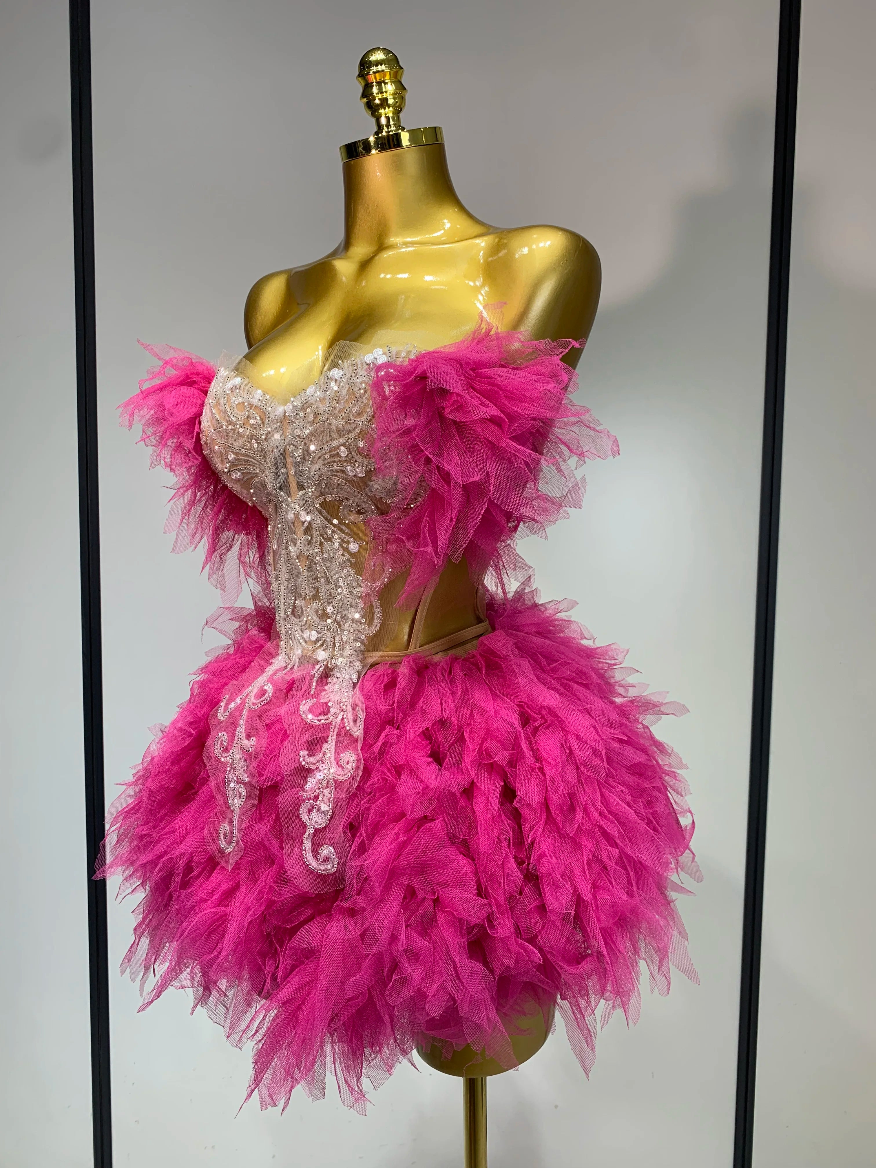 Women Sexy Strapless Mini Two Pieces Set Luxury Birthday Evening Party Dress Bar Nightclub Singer Dancer Stage Outfit