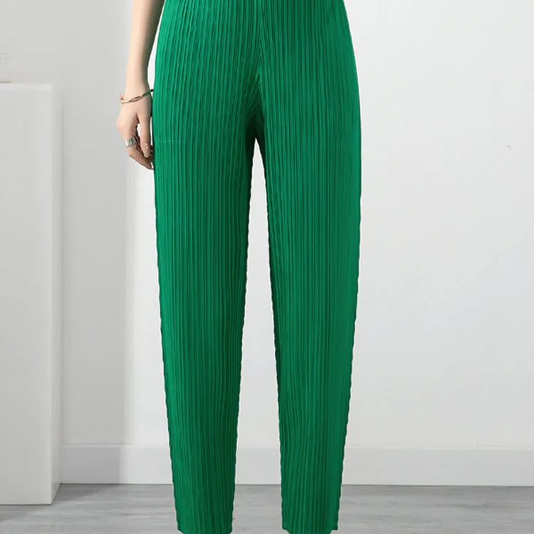 LANMREM Pleated Solid Color Harem Pants Women Pocket Elastic High Waist Female Fashion Ankle-length Trousers Summer 2I576