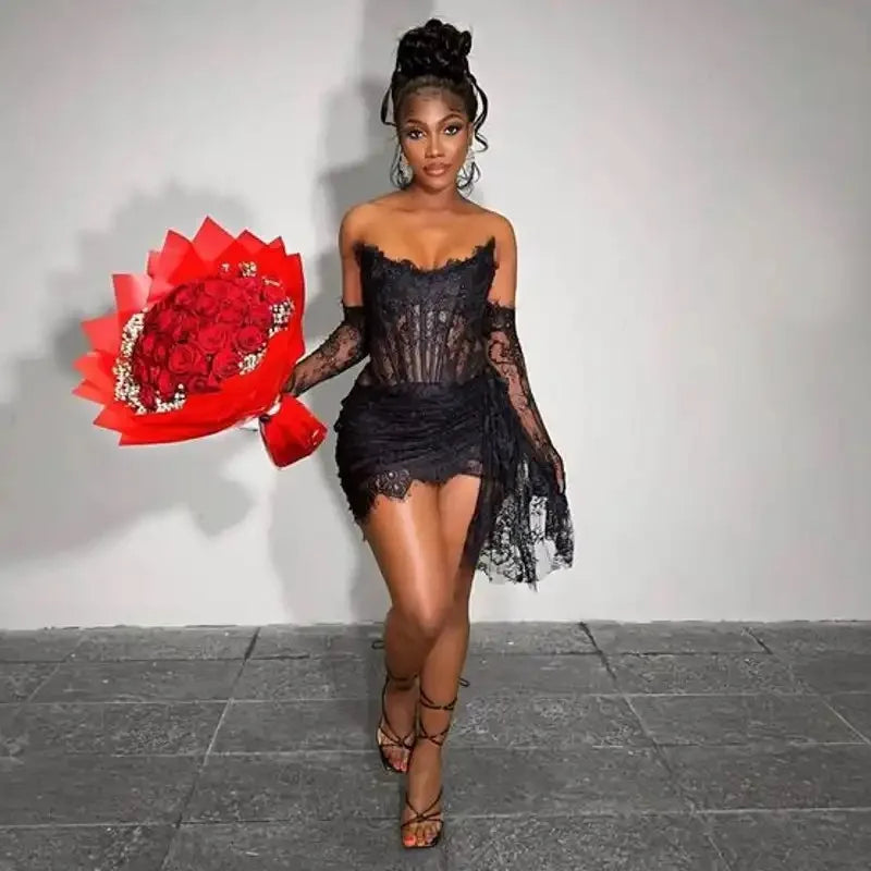 Black Red European Lace Gauze Gauze Wrapped Chest Irregular Mini Skirt black