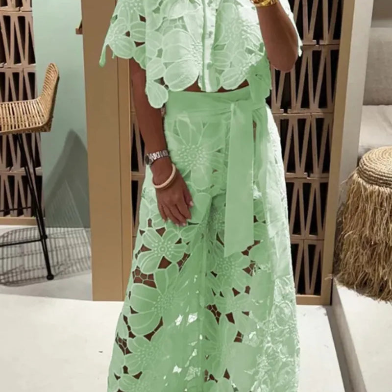 Sexy Lapel Single-breasted Shirt Top + Wide-leg Pants 2-piece Set Women Fashion Solid Color Elegant Casual Hollow Suit Female green