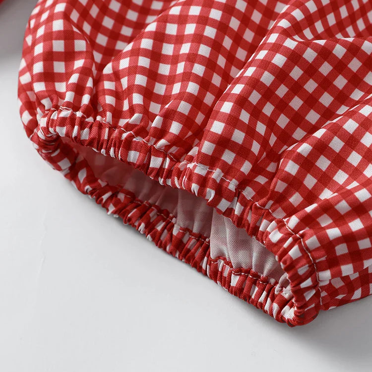 Red Plaid O-neck Lace Up Women Shirts And Blouses Puff Sleeve Hollow Out Women's Shirt Summer Casual Ruffles Female Tops