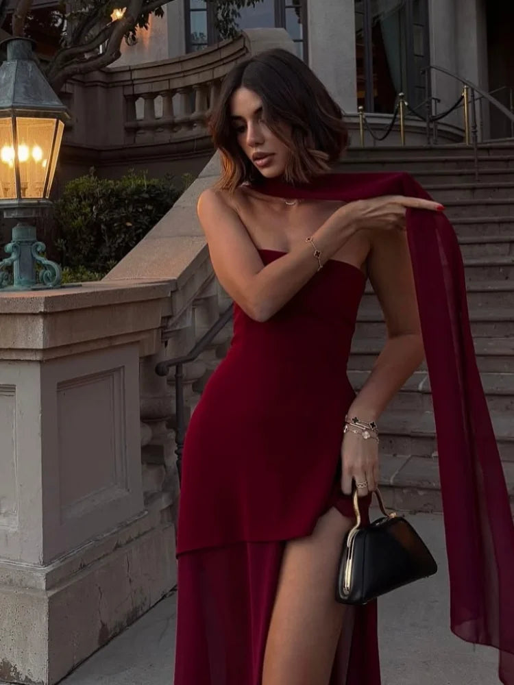 Elegant Off Shoulder Irregular Hem With Scarf Women Fashion Sleeveless Backless Slim Fit Long Dress 2025 New Summer Party Robes