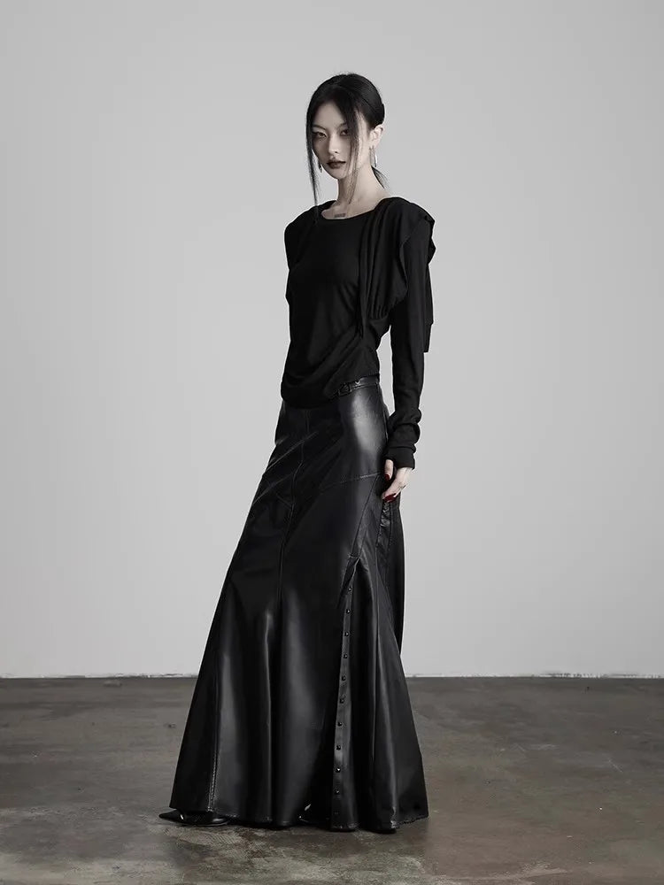Lautaro Spring Autumn Black Soft Pu Leather Floor Length Mermaid Skirt Women High Waist Elegant Luxury Extra Long Clothes 2025