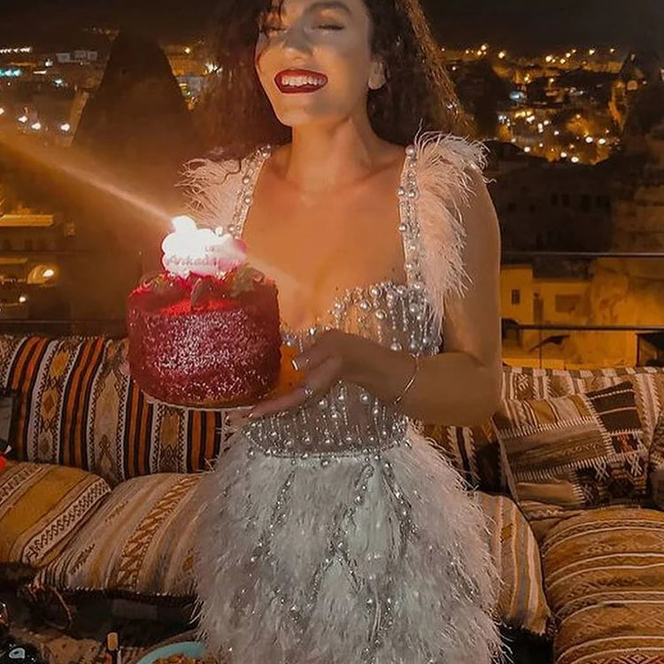 Birthday Party Dresses For Women Luxury Formal Occasions Straps Sleeveless Feather Design Mini Dress Vestidos