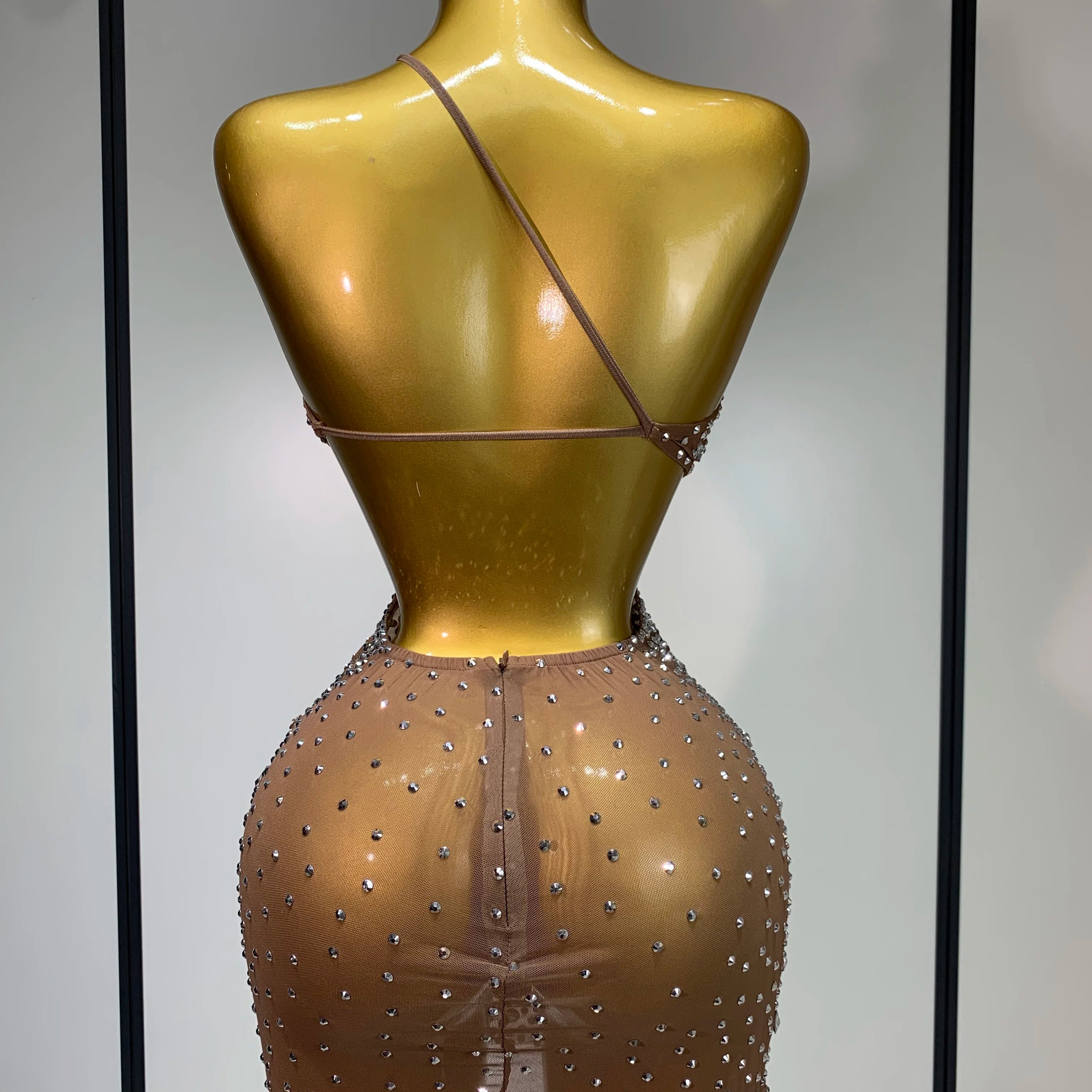 Women Sexy Mesh See Through One Shoulder Luxury Rhinestones Stage Costume Singer Dancer Nightclub Evening Party Birthday Dresses