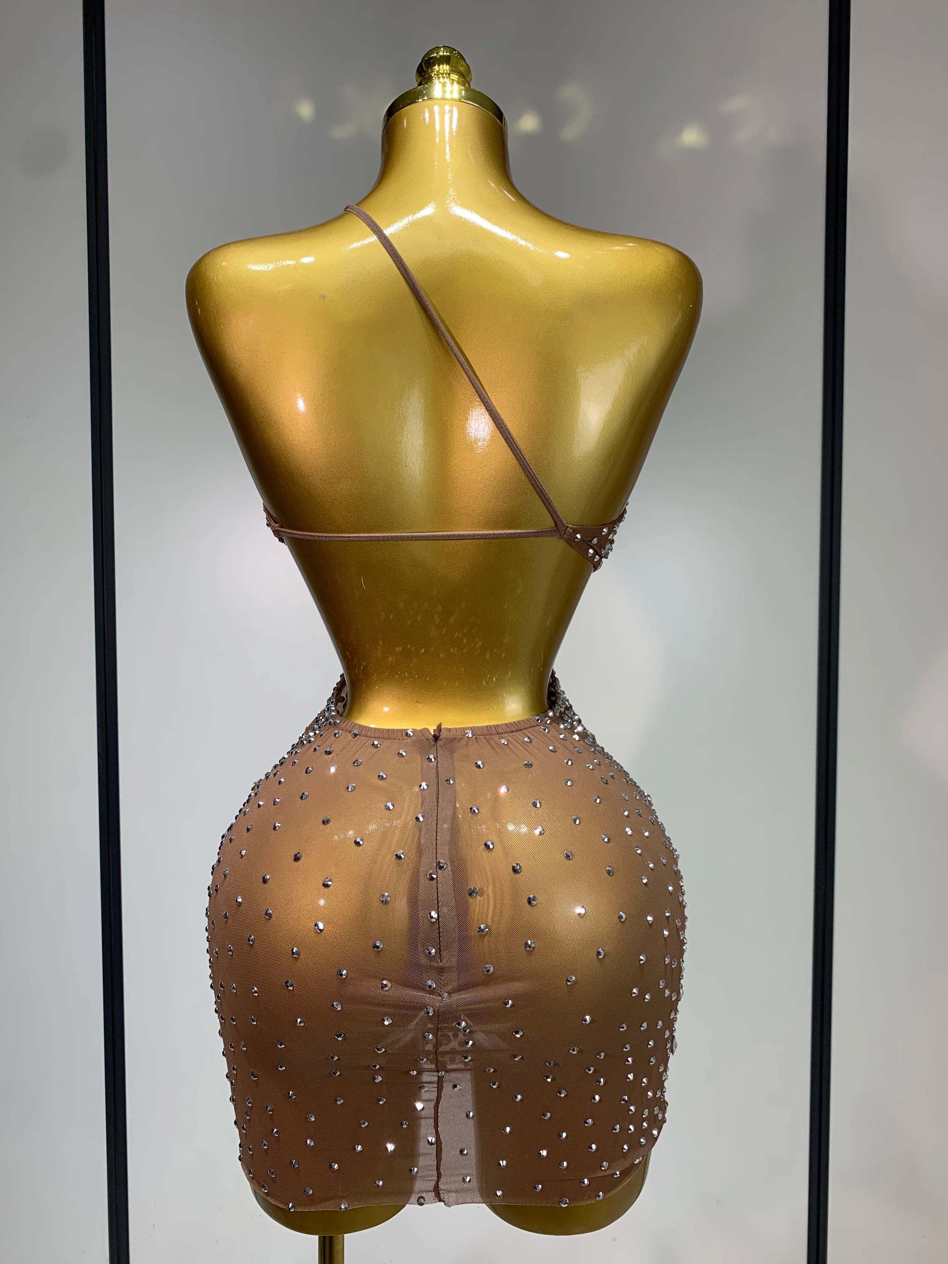 Women Sexy Mesh See Through One Shoulder Luxury Rhinestones Stage Costume Singer Dancer Nightclub Evening Party Birthday Dresses