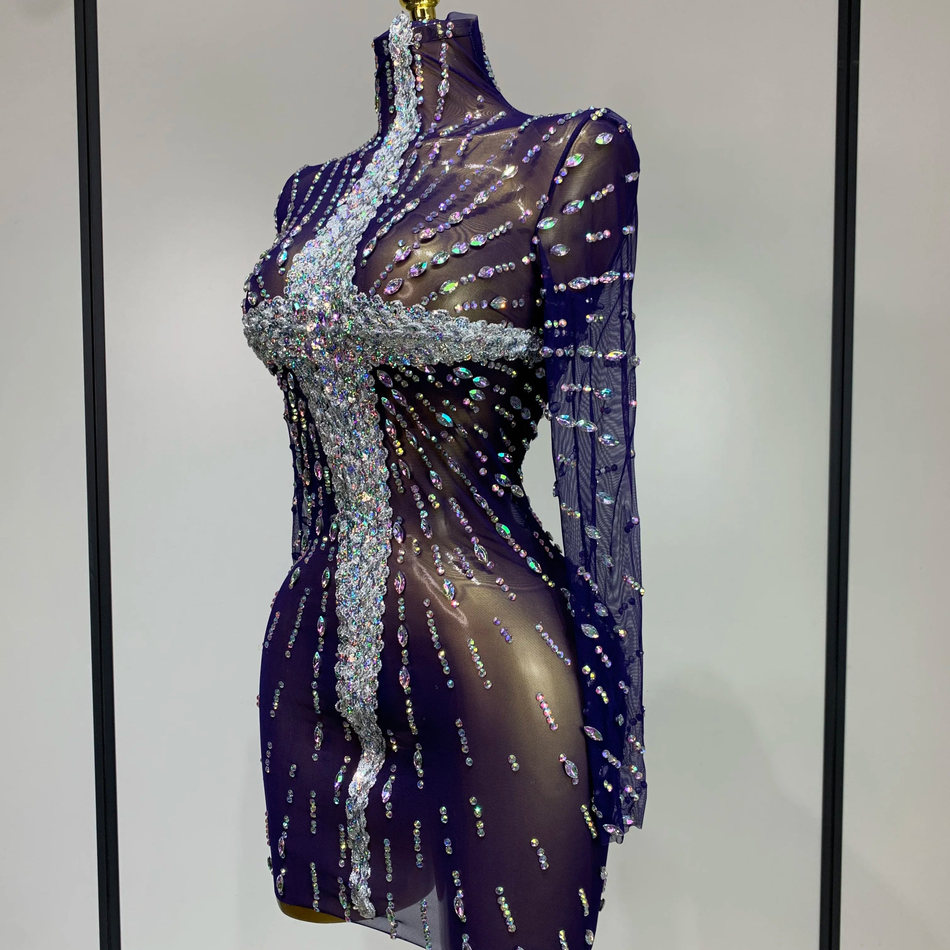 Sparkly Diamonds Mesh See Through Long Sleeves Mini Dress Women Eveing Birthday Party Sexy Nightclub Bar Singer Stage Costume