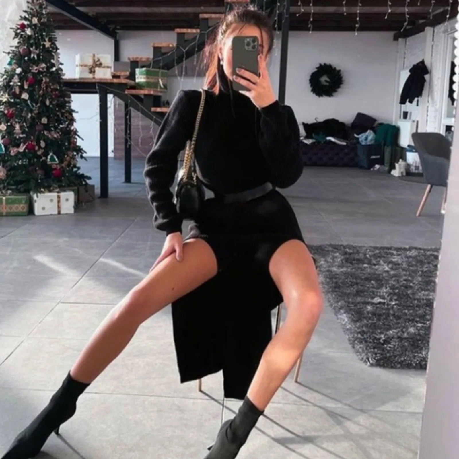 Elegant Knitted Sweater Dress Women Long Sleeve Turtleneck Knitted Slit Woolen Sweater High Split Bodycon Dress Party Vestidos Black