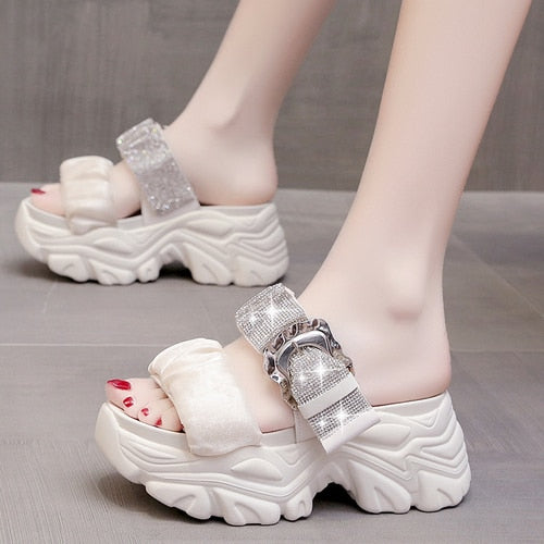 Thick-soled Slippers Women's Summer New Outerwear Fashion Rhinestone Inner Heightening Slimming Slope Heel Sandals and Slippers Beige